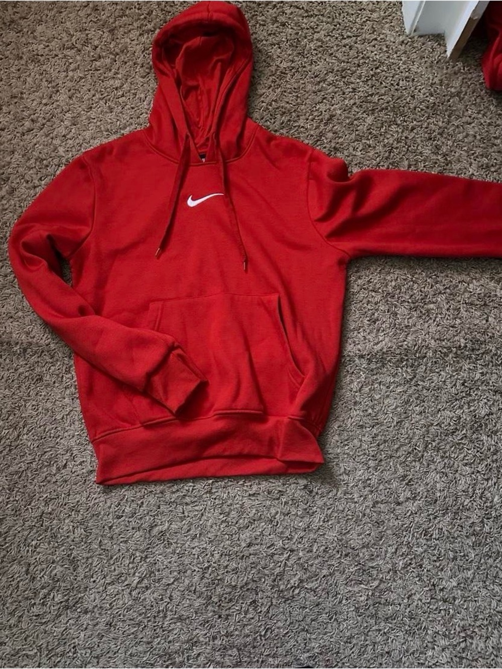 Nike Red Hoodie with White Swoosh — Men's Pullover Sweatshirt